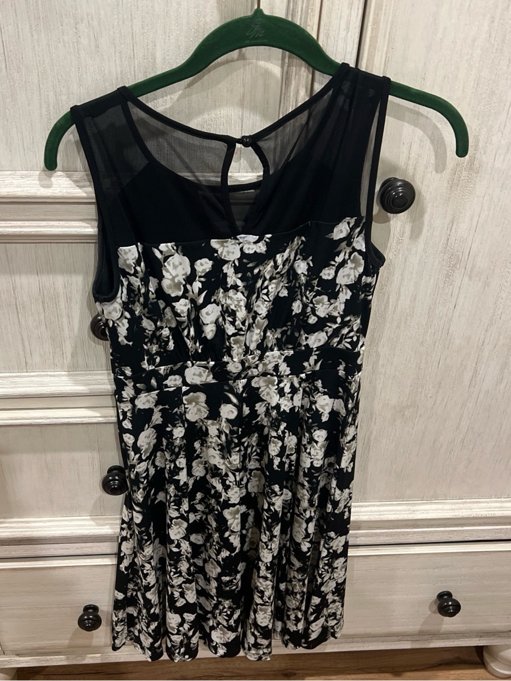 Enfocus Studio Black and White Floral Mesh-Yoke Sleeveless Dress